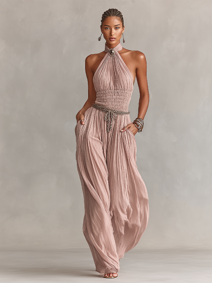 Isla | Blush Pleated Jumpsuit Halter