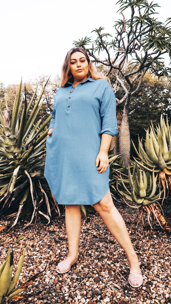 Uma | Linen Shirt Dress in Sky